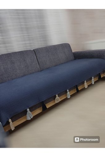 Petek Home Pamuklu Örgü Püsküllü Süngersiz Geometrik Desenli Lacivert Üçlü Koltuk Örtüsü 90x210 cm
