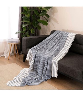 Dafne Moda Naturel Pamuklu Kanvas Saçaklı Süngersiz Armürlü Lacivert Üçlü Koltuk Örtüsü 170x210 cm