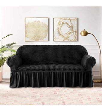 Özmakan Pamuklu - Polyester Bürümcük Jakarlı Süngersiz Düz Giydirmeli Siyah Üçlü Koltuk Örtüsü 180x230 cm