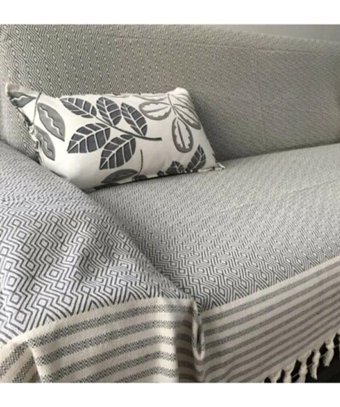 Coperta Pamuklu Kanvas Püsküllü Süngersiz Armürlü Gri Üçlü Koltuk Örtüsü 180x300 cm