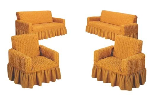 Nera Home Pamuklu - Polyester Bürümcük Fırfırlı Süngersiz Geometrik Desenli Giydirmeli Sarı Dörtlü Koltuk Örtüsü 183x230 cm