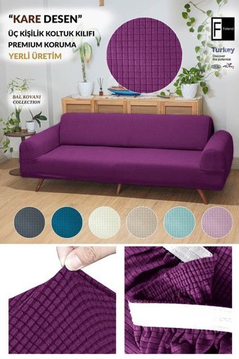 Faiend Polyester Süngersiz Düz Giydirmeli Mor Üçlü Koltuk Örtüsü 180x220 cm