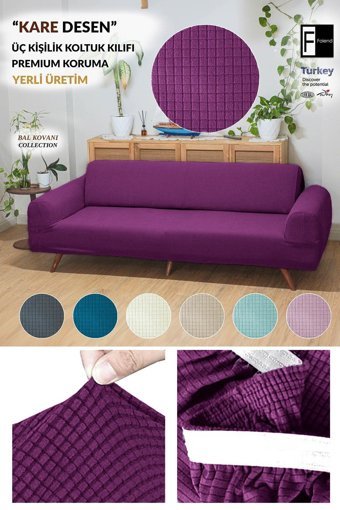 Faiend Polyester Süngersiz Düz Giydirmeli Mor Üçlü Koltuk Örtüsü 180x220 cm