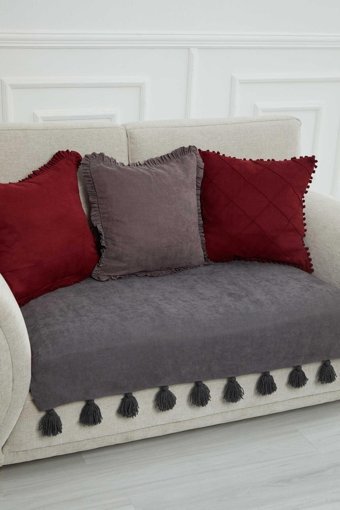 Aisha's Design KO-19-IK Polyester Örgü Püsküllü Süngersiz Düz Gri Tekli Koltuk Örtüsü 90x155 cm