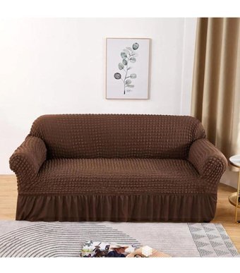 Furkanticaret Polyester Bürümcük-Likralı Fırfırlı Süngersiz Kapitone Giydirmeli Krem Üçlü Koltuk Örtüsü 180x230 cm