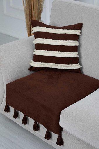 Aisha's Design KO-19-T Polyester Örgü Püsküllü Süngersiz Düz Kahverengi Tekli Koltuk Örtüsü 34x48 cm
