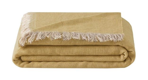 Puffy Love Keten Örgü Saçaklı Süngersiz Çizgili Hardal Tekli Koltuk Örtüsü 130x170 cm