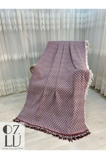 Özlü Home Pamuklu - Polyester Örgü Saçaklı Süngersiz Geometrik Desenli Bordo Tekli Koltuk Örtüsü 170x220 cm