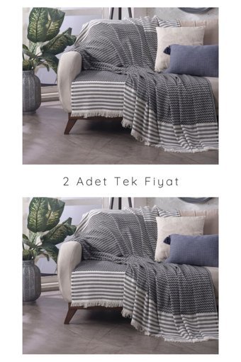 Lux Touch Olimpos Pamuklu Püsküllü Süngersiz Geometrik Desenli Siyah Tekli Koltuk Örtüsü 180x200 cm