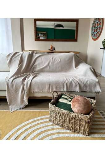 Ayşika Home Pamuklu - Polyester Püsküllü Süngersiz Bej Tekli Koltuk Örtüsü 200x180 cm