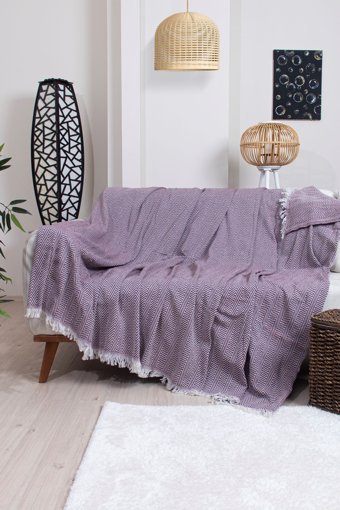 Ramsa Tekstil Naturel Pamuklu Örgü Saçaklı Süngersiz Geometrik Desenli Bordo Tekli Koltuk Örtüsü 170x210 cm
