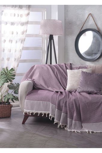 Lux Touch Bergama Pamuklu Püsküllü Süngersiz Geometrik Desenli Mor Tekli Koltuk Örtüsü 180x200 cm