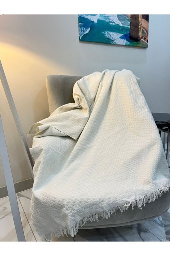 Divaldi Pamuklu - Polyester Kanvas Saçaklı Süngersiz Armürlü Ekru Tekli Koltuk Örtüsü 170x210 cm