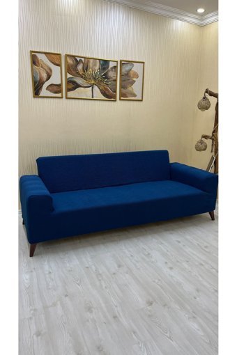Afd Collection Süngersiz Giydirmeli Lastikli Mavi Üçlü Koltuk Örtüsü 60x190 cm
