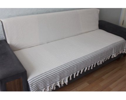 Coperta Pamuklu Kanvas Püsküllü Süngersiz Armürlü Bej Üçlü Koltuk Örtüsü 170x210 cm
