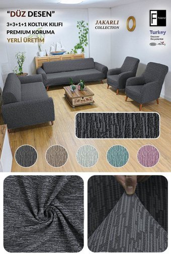 Faiend Pamuklu - Polyester Bürümcük Jakarlı Süngersiz Kırçıllı Giydirmeli Antrasit 3-3-1-1 Koltuk Örtüsü 180x220 cm