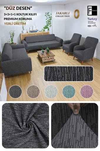 Faiend Pamuklu - Polyester Bürümcük Jakarlı Süngersiz Kırçıllı Giydirmeli Antrasit 3-3-1-1 Koltuk Örtüsü 180x220 cm