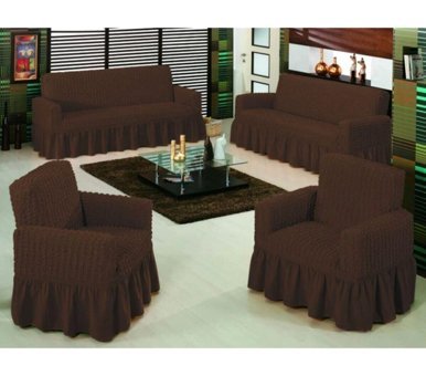 Nusret Pamuklu - Polyester Bürümcük Fırfırlı Süngersiz Kareli Giydirmeli Kahverengi Dörtlü Koltuk Örtüsü 180x230 cm