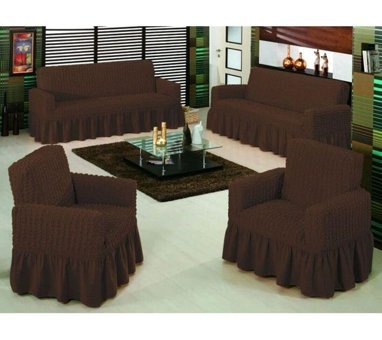Nusret Pamuklu - Polyester Bürümcük Fırfırlı Süngersiz Kareli Giydirmeli Kahverengi Dörtlü Koltuk Örtüsü 180x230 cm