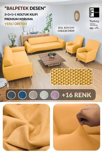 Faiend Polyester Süngersiz Düz Giydirmeli Hardal 3-3-1-1 Koltuk Örtüsü 80x125 cm