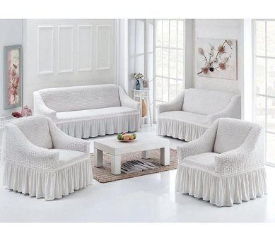 Uytm Polyester Bürümcük-Likralı Drapeli Süngerli Çizgili Giydirmeli Beyaz Dörtlü Koltuk Örtüsü 180x230 cm