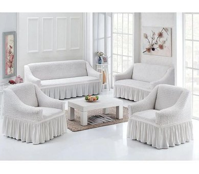 Uytm Polyester Bürümcük-Likralı Drapeli Süngerli Çizgili Giydirmeli Beyaz Dörtlü Koltuk Örtüsü 180x230 cm