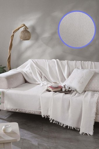 Ladynil Pamuklu Saçaklı Süngersiz Çizgili Ekru Tekli Koltuk Örtüsü 170x200 cm