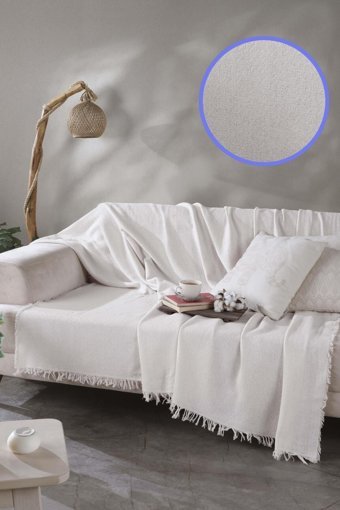Ladynil Pamuklu Saçaklı Süngersiz Çizgili Ekru Tekli Koltuk Örtüsü 170x200 cm
