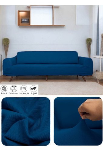 Riseler Home Pamuklu - Polyester Likralı Jakarlı Süngersiz Çiçek Desenli Giydirmeli Mavi Üçlü Koltuk Örtüsü 180x230 cm