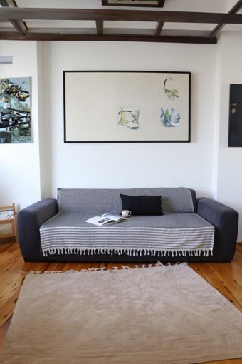 Taşkın Home Pamuklu Polar Saçaklı Süngersiz Geometrik Desenli Lacivert Tekli Koltuk Örtüsü 180x230 cm