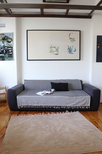 Taşkın Home Pamuklu Polar Saçaklı Süngersiz Geometrik Desenli Lacivert Tekli Koltuk Örtüsü 180x230 cm