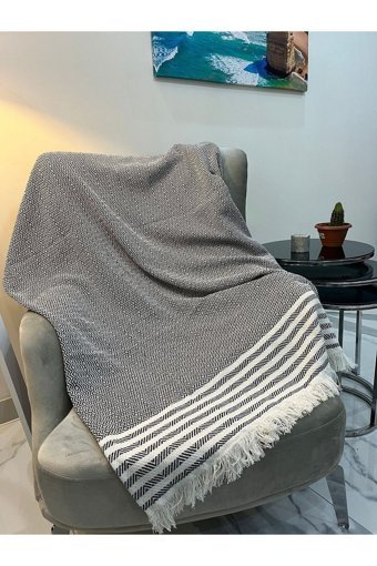 Divaldi Pamuklu - Polyester Kanvas Saçaklı Süngersiz Armürlü Siyah Tekli Koltuk Örtüsü 170x210 cm