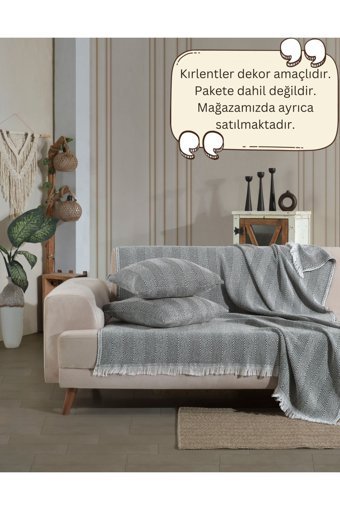 Lux Touch Lily Pamuklu Püsküllü Süngersiz Geometrik Desenli Siyah Tekli Koltuk Örtüsü 150x200 cm