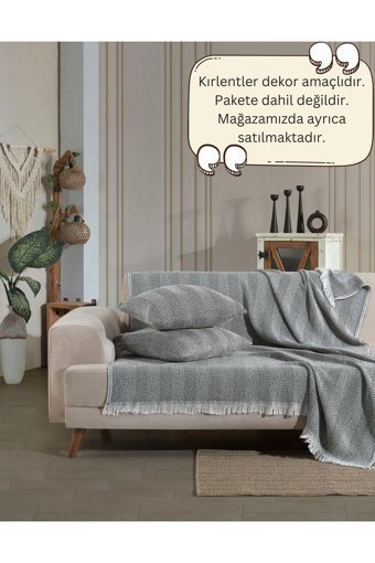 Lux Touch Lily Pamuklu Püsküllü Süngersiz Geometrik Desenli Siyah Tekli Koltuk Örtüsü 150x200 cm