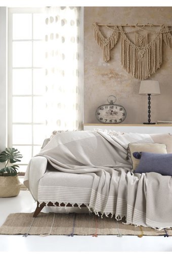 By Ballı Biocotton Pamuklu Kanvas Püsküllü Süngersiz Armürlü Bej Üçlü Koltuk Örtüsü 170x210 cm