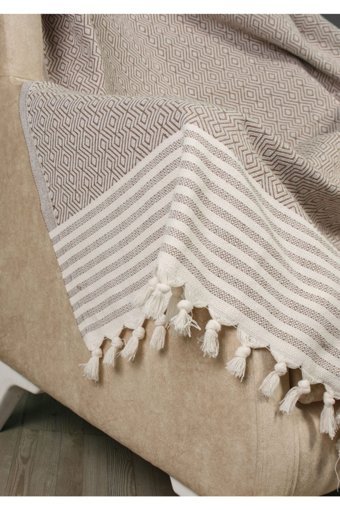 Mutlu Çeyiz Pamuklu Püsküllü Süngersiz Çizgili Kahverengi Tekli Koltuk Örtüsü 180x300 cm