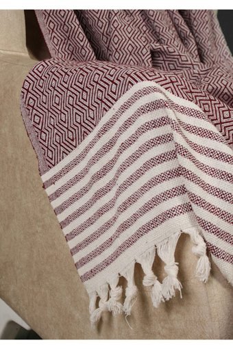 Mutlu Çeyiz Pamuklu Püsküllü Süngersiz Çizgili Bordo Tekli Koltuk Örtüsü 180x300 cm