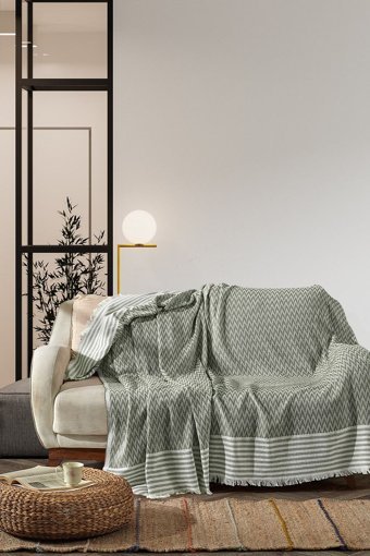 Vagonik Pamuklu Polar Saçaklı Süngersiz Çizgili Haki Tekli Koltuk Örtüsü 170x210 cm
