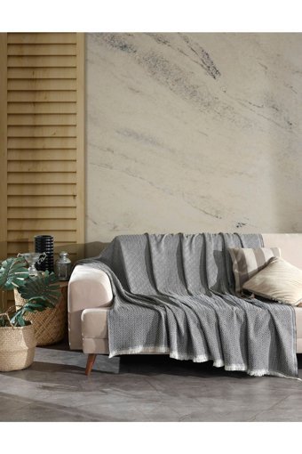 Denia Home Textile Pamuklu Kanvas Saçaklı Süngersiz Armürlü Siyah Üçlü Koltuk Örtüsü 200x230 cm