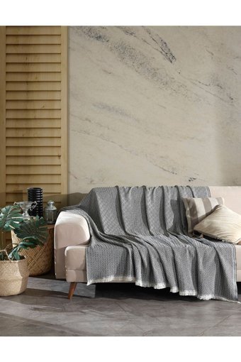 Denia Home Textile Pamuklu Kanvas Saçaklı Süngersiz Armürlü Siyah Üçlü Koltuk Örtüsü 200x230 cm