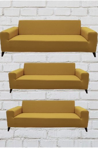 Şahane Ev Mikro Polyester Likralı Jakarlı Süngersiz Düz Giydirmeli Lastikli Hardal Üçlü Koltuk Örtüsü 55x13 cm