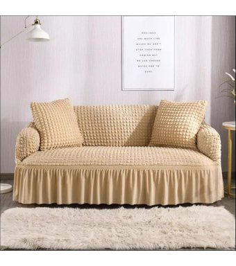 Güzel Aral GA-290 Pamuklu - Polyester Bürümcük Fırfırlı Süngersiz Kapitone Giydirmeli Lastikli Gri Üçlü Koltuk Örtüsü 180x230 cm