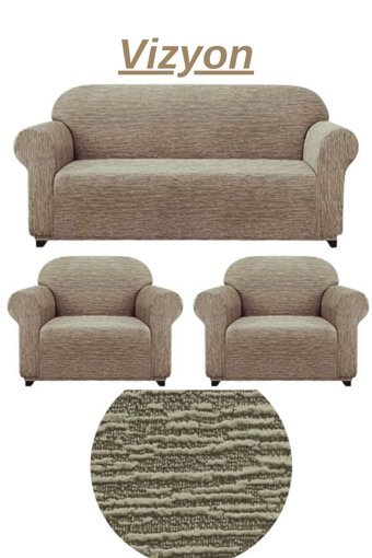 Heytgah Jakarlı Süngersiz Kırçıllı Giydirmeli Bej Üçlü Koltuk Örtüsü 180x230 cm