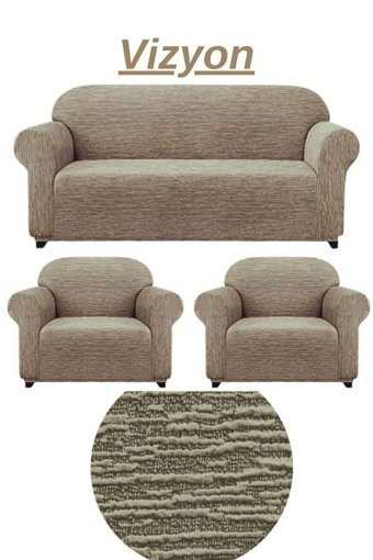 Heytgah Jakarlı Süngersiz Kırçıllı Giydirmeli Bej Üçlü Koltuk Örtüsü 180x230 cm