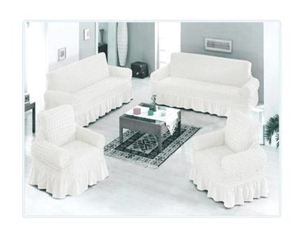 Nusret Pamuklu - Polyester Bürümcük Fırfırlı Süngersiz Kareli Giydirmeli Beyaz Dörtlü Koltuk Örtüsü 180x230 cm