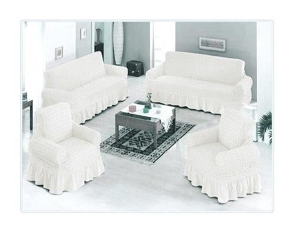 Nusret Pamuklu - Polyester Bürümcük Fırfırlı Süngersiz Kareli Giydirmeli Beyaz Dörtlü Koltuk Örtüsü 180x230 cm