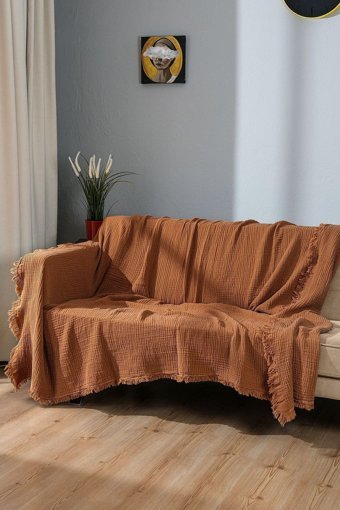 Oteks Home Collection Müslin Örgü Saçaklı Süngersiz Armürlü Kahverengi Tekli Koltuk Örtüsü 200x200 cm