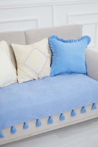 Aisha's Design KO-19-IK Polyester Örgü Püsküllü Süngersiz Çizgili Mavi Tekli Koltuk Örtüsü 90x155 cm
