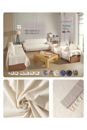 Lux Touch Bergama Pamuklu Püsküllü Süngersiz Geometrik Desenli Kaymaz Ekru Dörtlü Koltuk Örtüsü 180x300 cm
