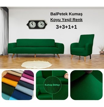 Etles Home Pamuklu - Polyester Likralı Jakarlı Süngersiz Armürlü Giydirmeli Yeşil Sekizli Koltuk Örtüsü 80x125 cm